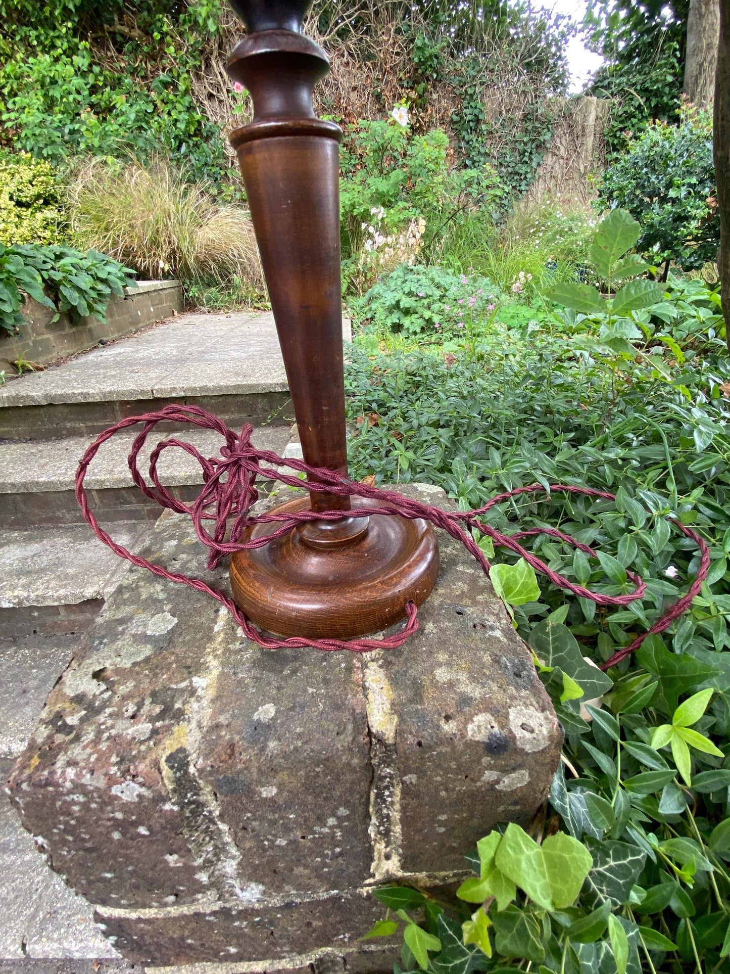 1920s BAKELITE and wooden vintage candlestick lamp, original wiring in burgundy & bakelilte lightbulb fitment - original vintage table lamp