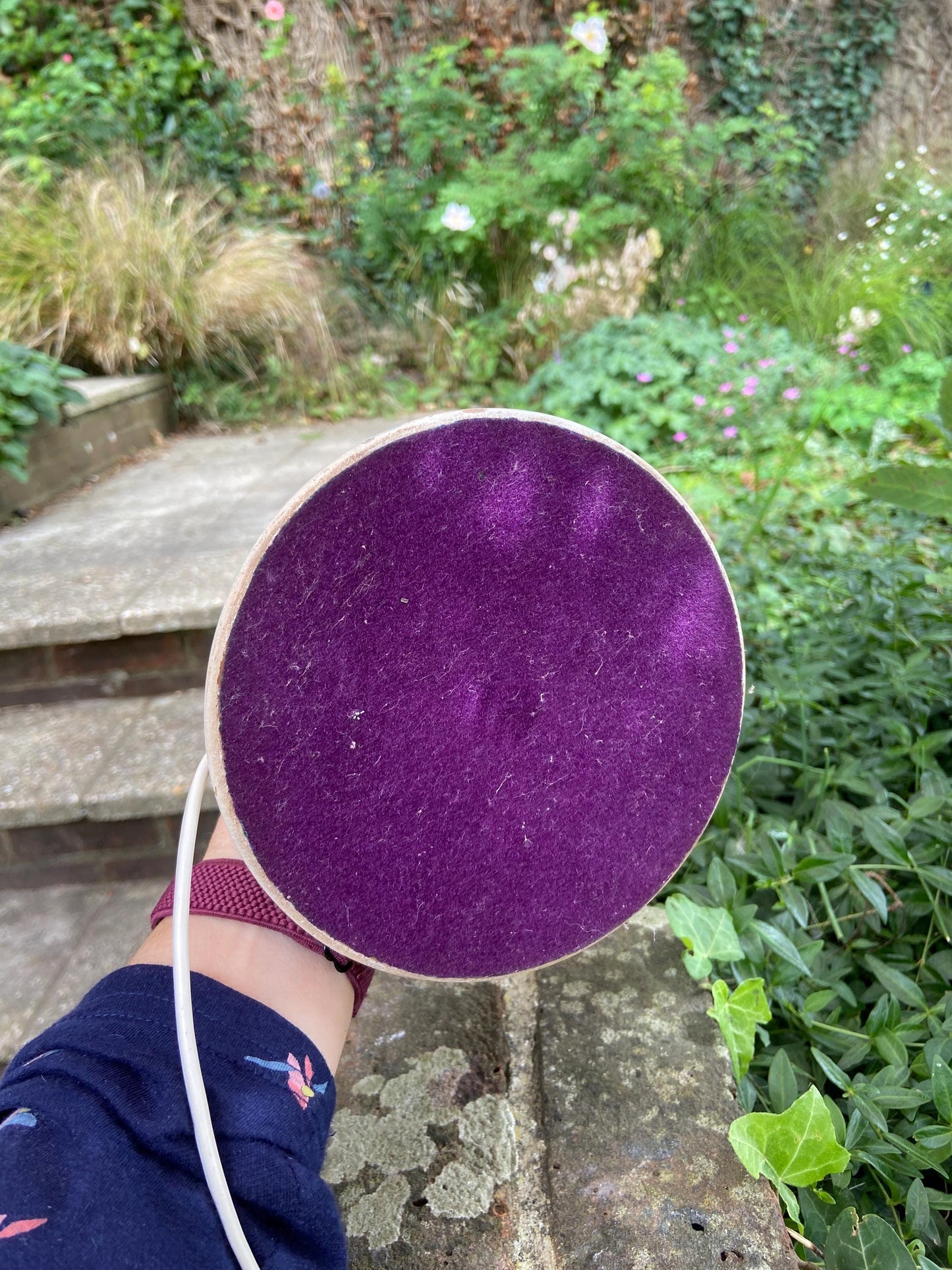 Smashing 1970s painted white wooden lamp with super purple underside felt! Vintage wooden white table lamp