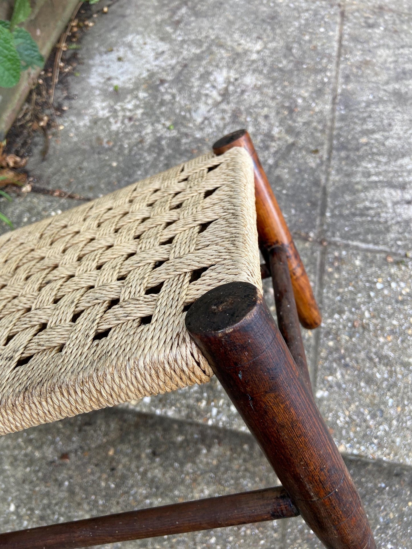 Child's vintage string woven antique wooden stool - dark wood frame with woven string hatched seat - child's stool, foot stool, plant stand