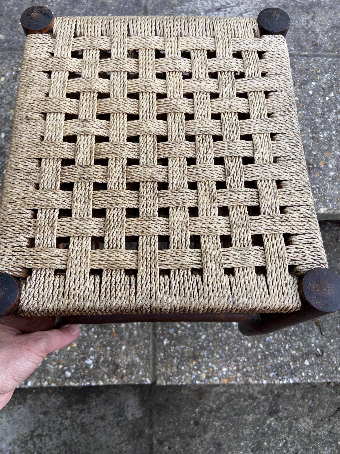 Child's vintage string woven antique wooden stool - dark wood frame with woven string hatched seat - child's stool, foot stool, plant stand