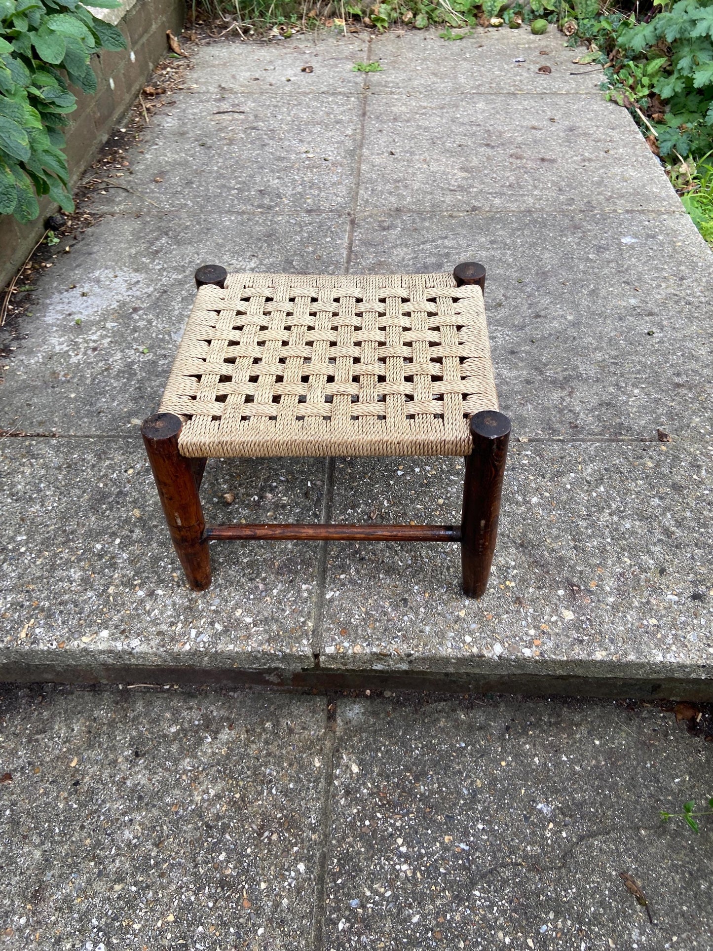 Child's vintage string woven antique wooden stool - dark wood frame with woven string hatched seat - child's stool, foot stool, plant stand
