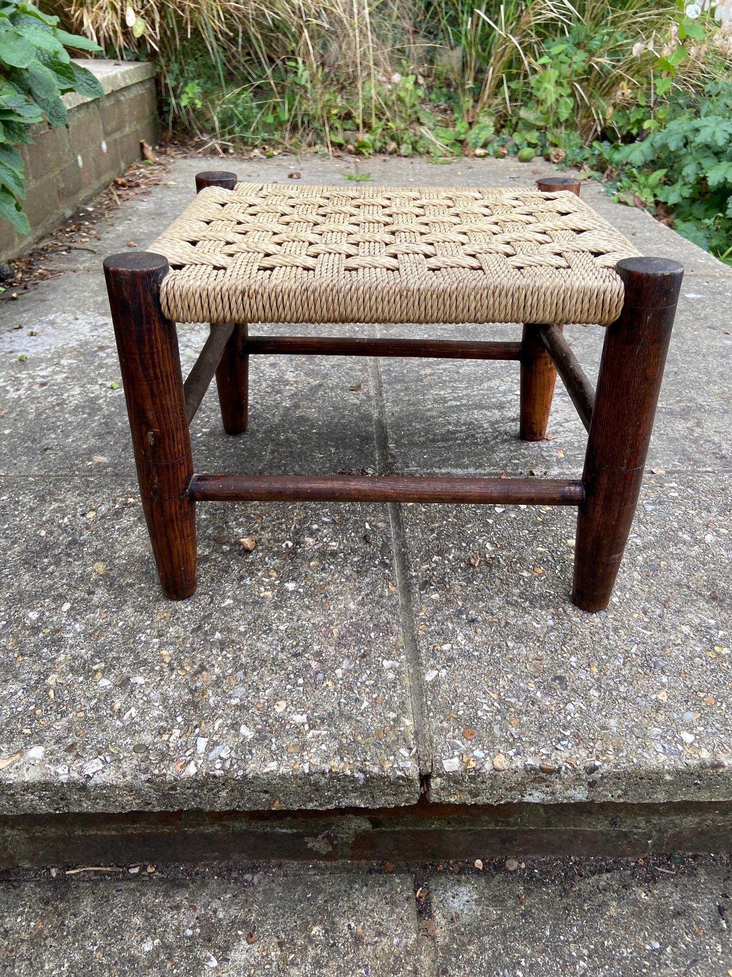Child's vintage string woven antique wooden stool - dark wood frame with woven string hatched seat - child's stool, foot stool, plant stand