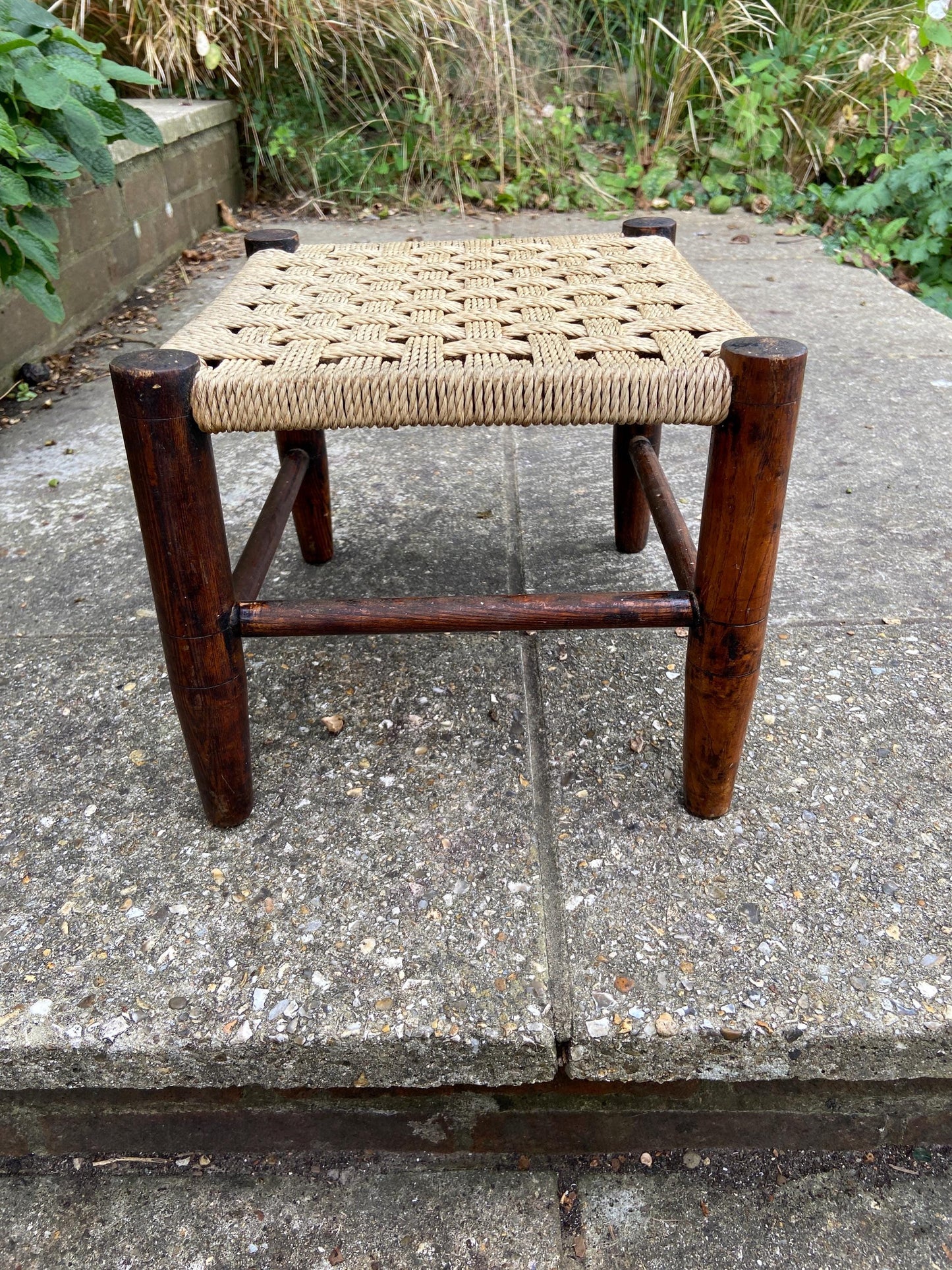 Child's vintage string woven antique wooden stool - dark wood frame with woven string hatched seat - child's stool, foot stool, plant stand
