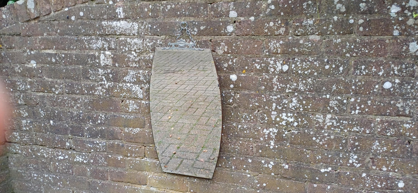 Tall Vintage Retro Art Deco Frameless Shaped Decorative Wall Mirror. Chrome Motif Decoration.