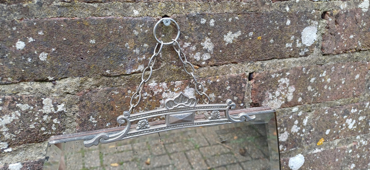 Tall Vintage Retro Art Deco Frameless Shaped Decorative Wall Mirror. Chrome Motif Decoration.