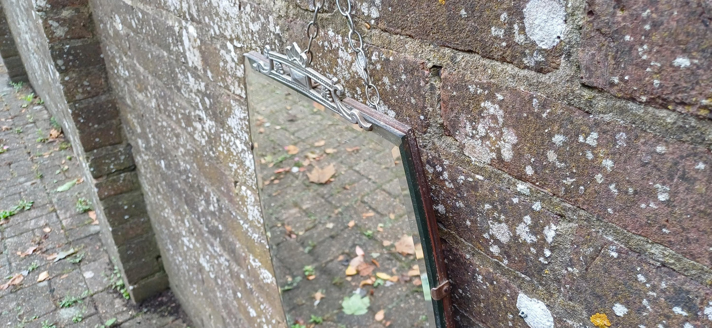 Tall Vintage Retro Art Deco Frameless Shaped Decorative Wall Mirror. Chrome Motif Decoration.