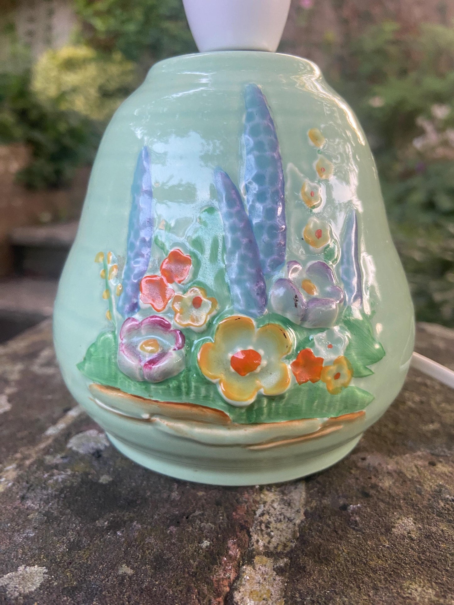 Vintage Crown Devon Mid century Handpainted green ceramic, green lamp with hand painted vintage ceramic table lamp with pretty floral detail