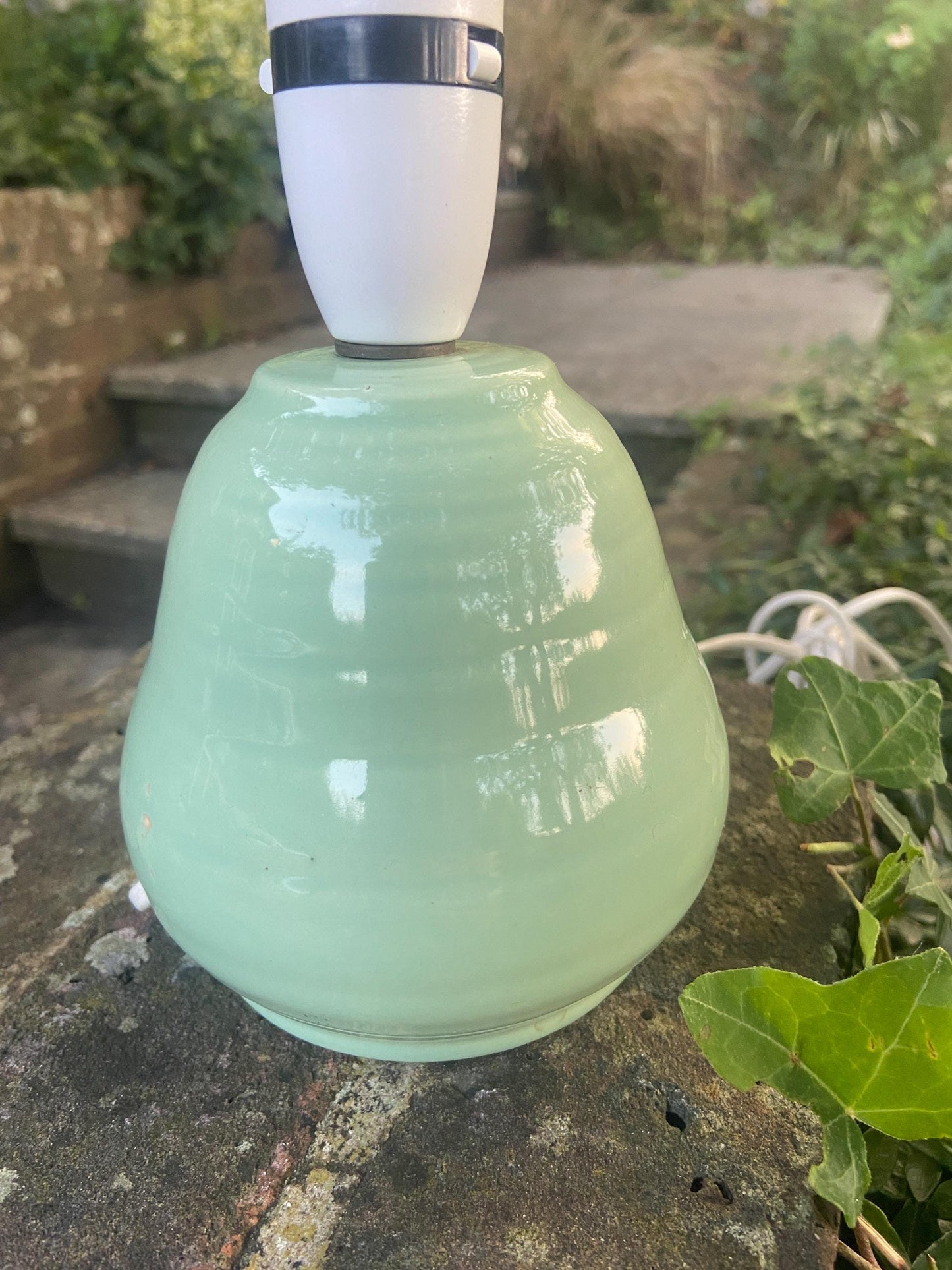 Vintage Crown Devon Mid century Handpainted green ceramic, green lamp with hand painted vintage ceramic table lamp with pretty floral detail