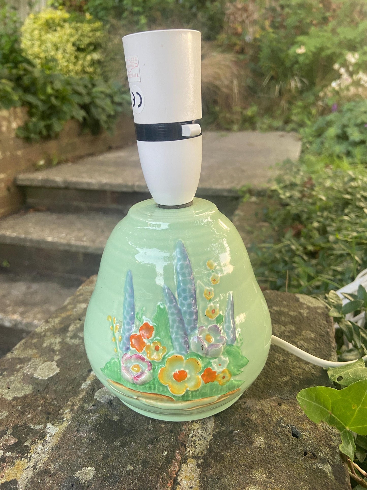 Vintage Crown Devon Mid century Handpainted green ceramic, green lamp with hand painted vintage ceramic table lamp with pretty floral detail