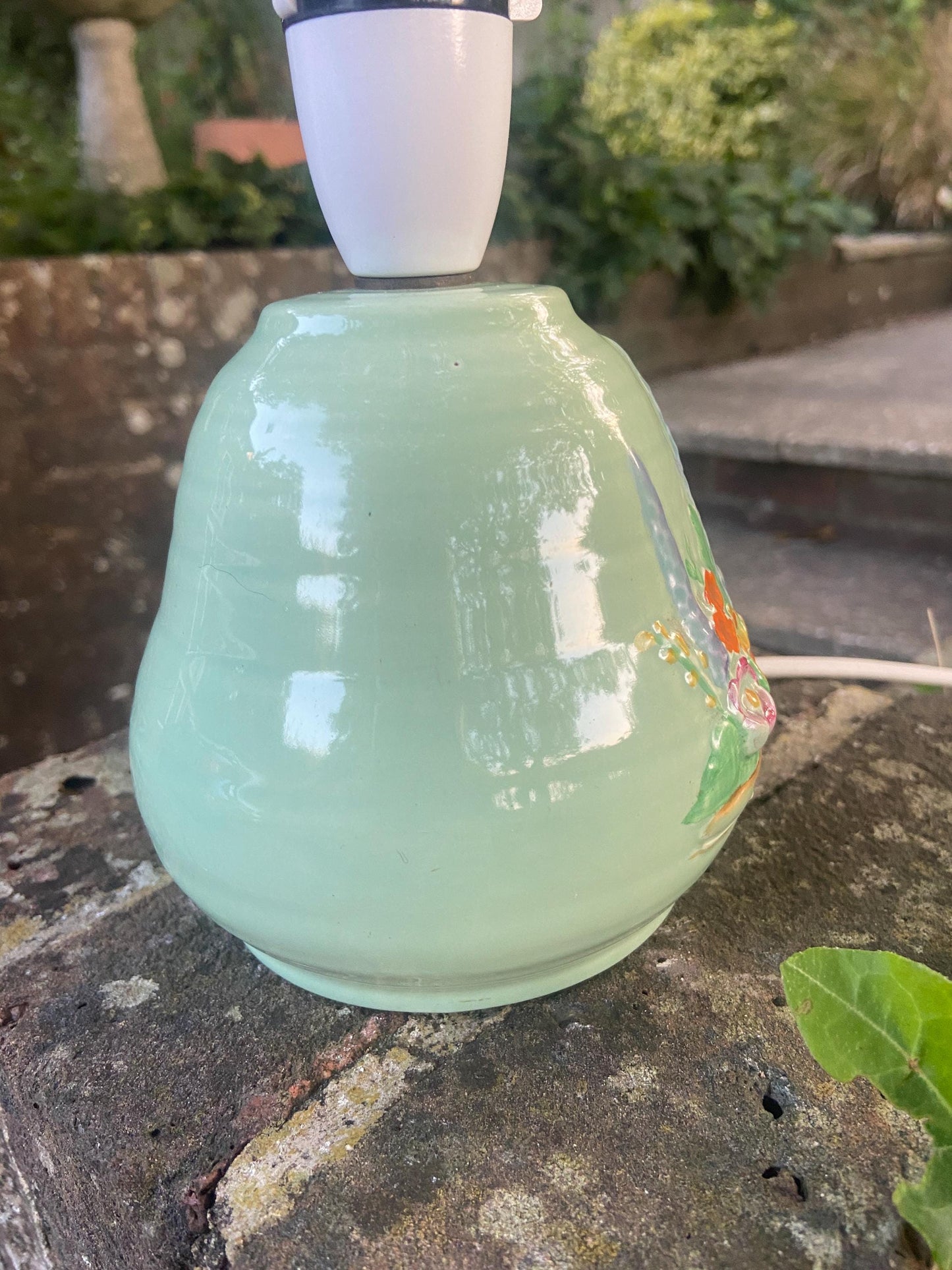 Vintage Crown Devon Mid century Handpainted green ceramic, green lamp with hand painted vintage ceramic table lamp with pretty floral detail