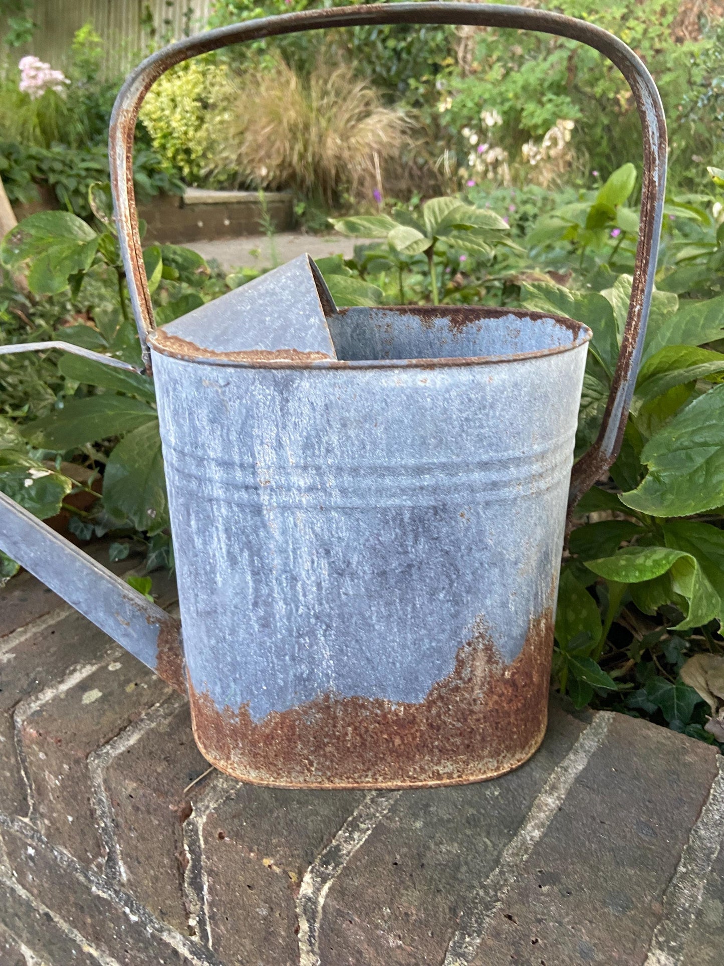 Vintage early 1900s metal watering can with spout and rain shower head