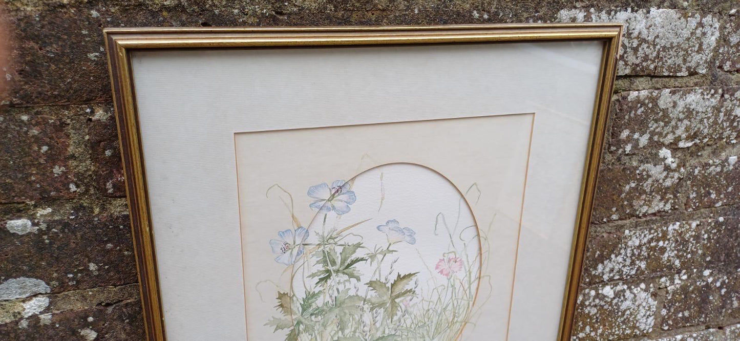 Vintage original watercolour of spring summer flowers - 1980s water colour painting of flowers in vintage glazed frame