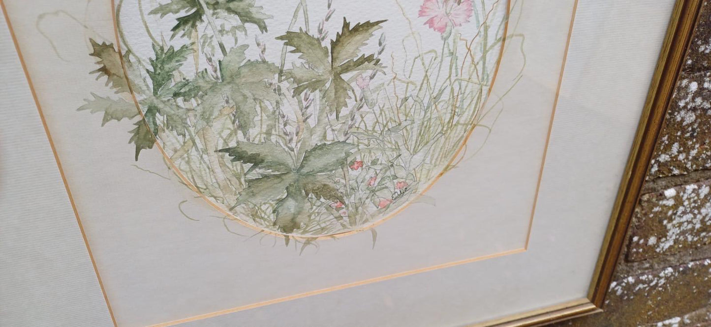 Vintage original watercolour of spring summer flowers - 1980s water colour painting of flowers in vintage glazed frame