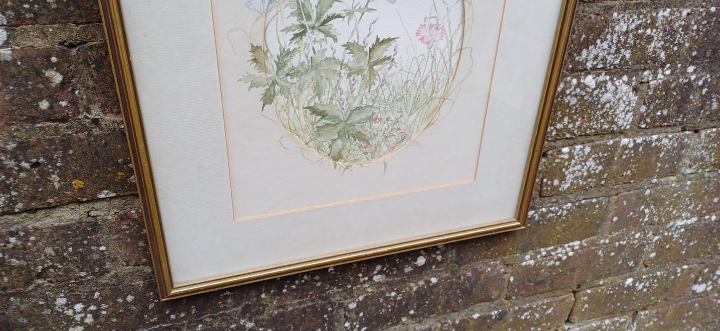 Vintage original watercolour of spring summer flowers - 1980s water colour painting of flowers in vintage glazed frame