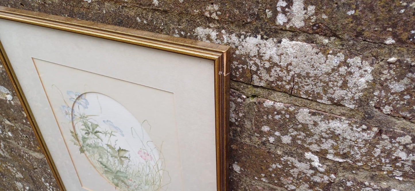 Vintage original watercolour of spring summer flowers - 1980s water colour painting of flowers in vintage glazed frame