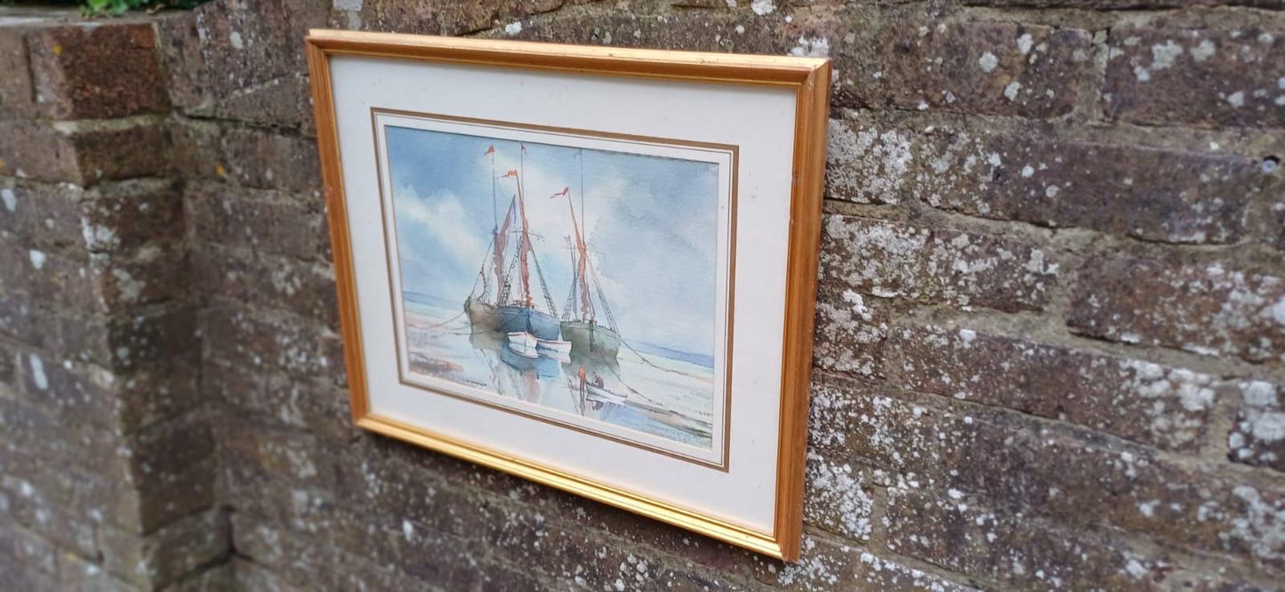 Vintage maritime boat watercolour by David Eddington, signed - in glazed vintage frame, East Anglia seaside scenes