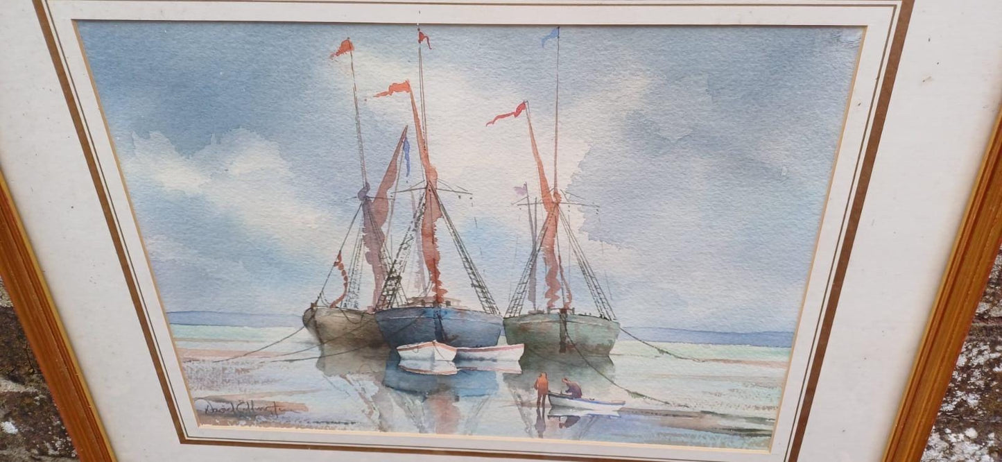 Vintage maritime boat watercolour by David Eddington, signed - in glazed vintage frame, East Anglia seaside scenes