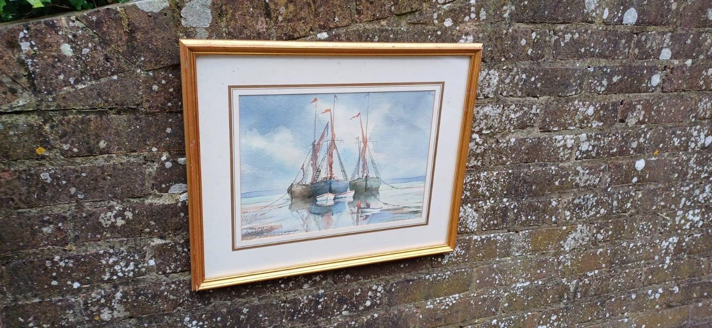 Vintage maritime boat watercolour by David Eddington, signed - in glazed vintage frame, East Anglia seaside scenes