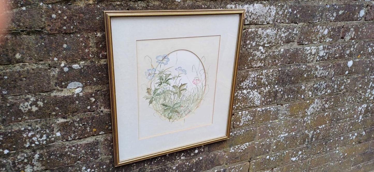 original water colour painting of spring summer flowers in a vintage glazed frame. very pretty and delicate. vgc.