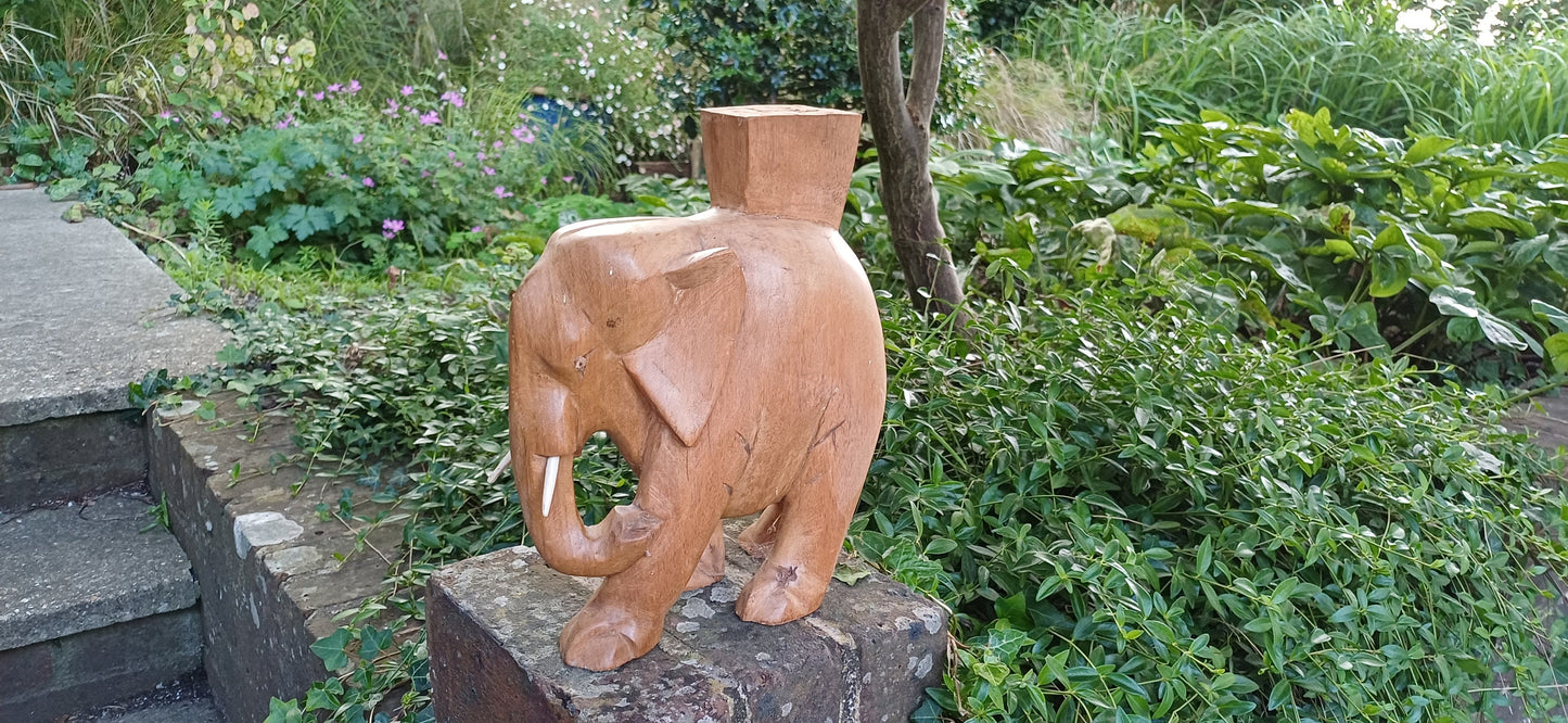 Superb Large Hand Carved Hardwood Elephant with Intact Tusks African Art