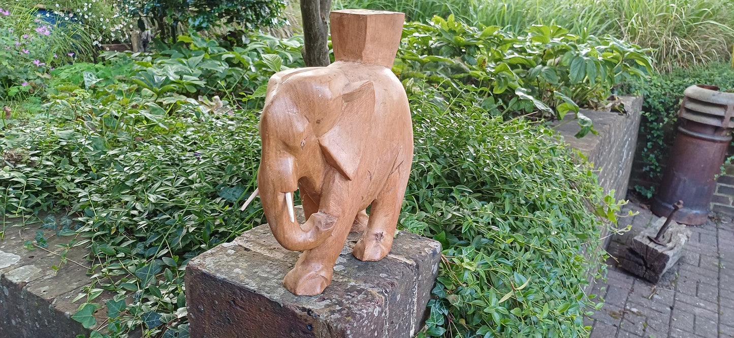 Superb Large Hand Carved Hardwood Elephant with Intact Tusks African Art