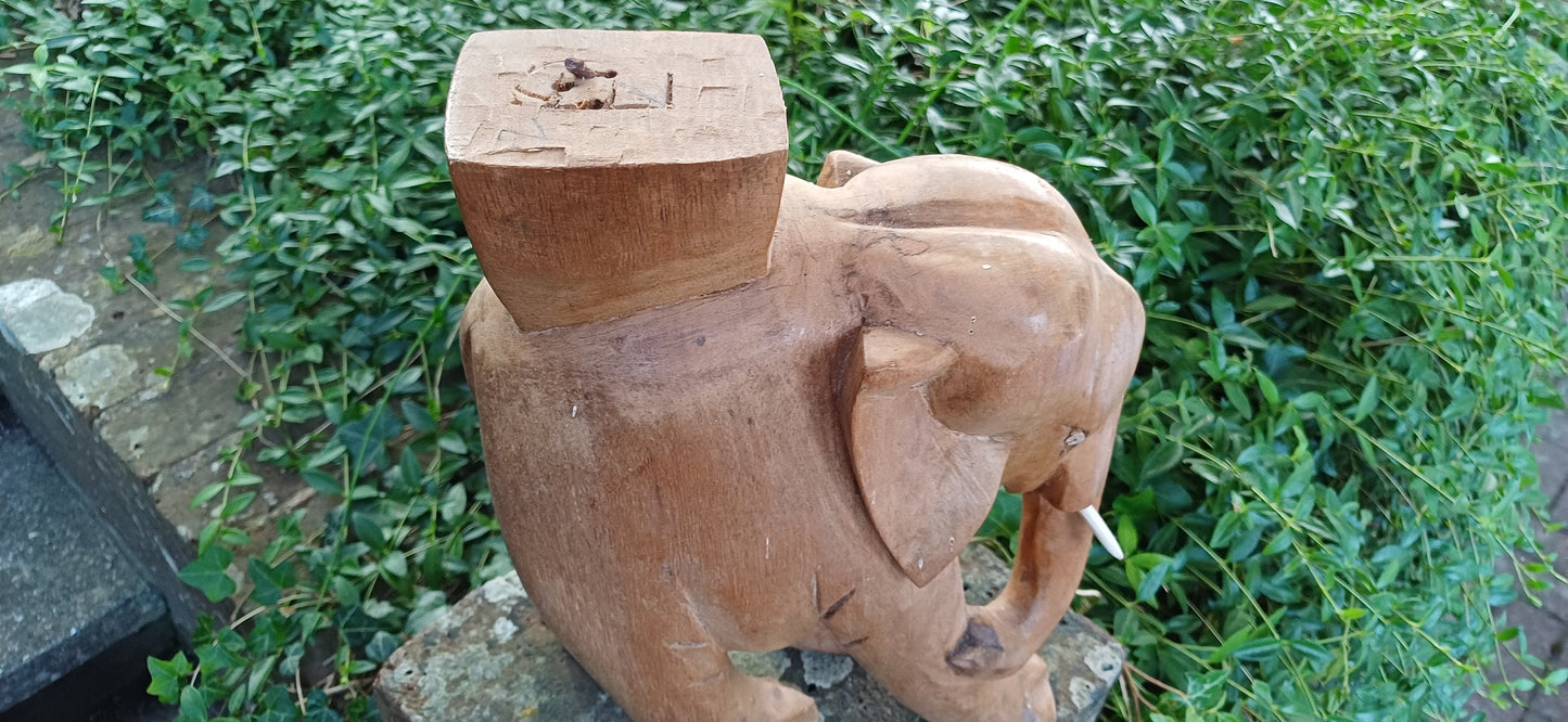 Superb Large Hand Carved Hardwood Elephant with Intact Tusks African Art