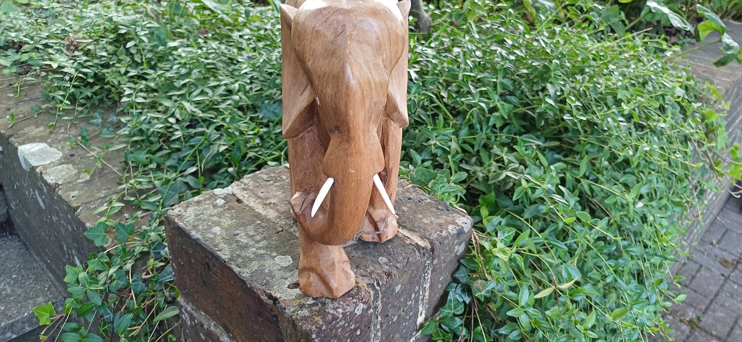 Superb Large Hand Carved Hardwood Elephant with Intact Tusks African Art.
