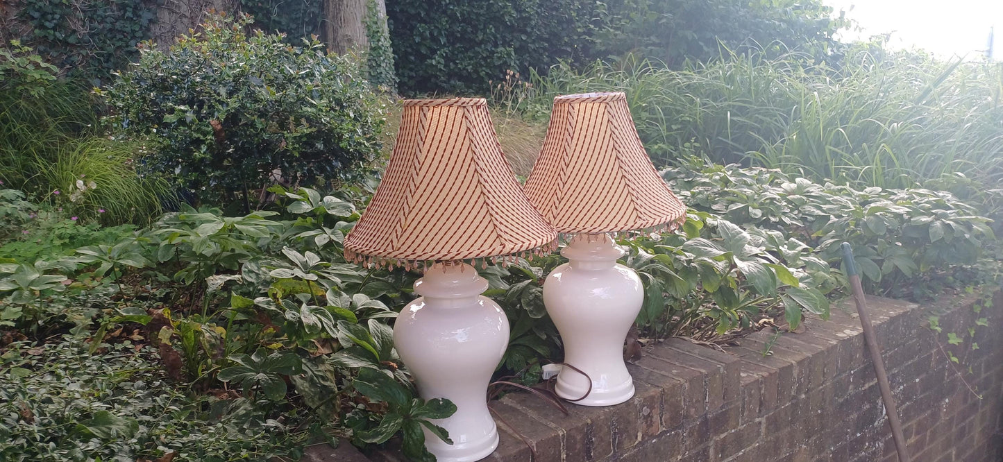 Large Pair of White Ceramic Lamps with Wonderful…Lampshades. Need Rewiring.