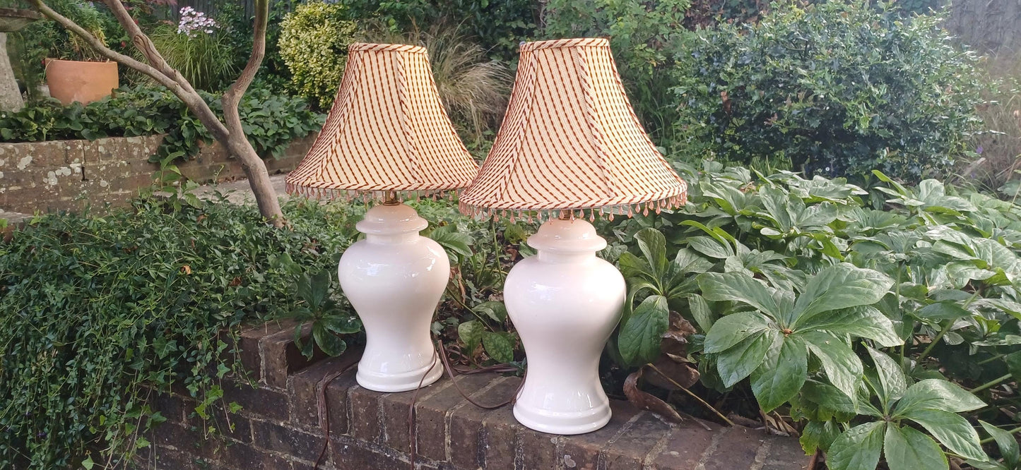 Large Pair of White Ceramic Lamps with Wonderful…Lampshades. Need Rewiring.