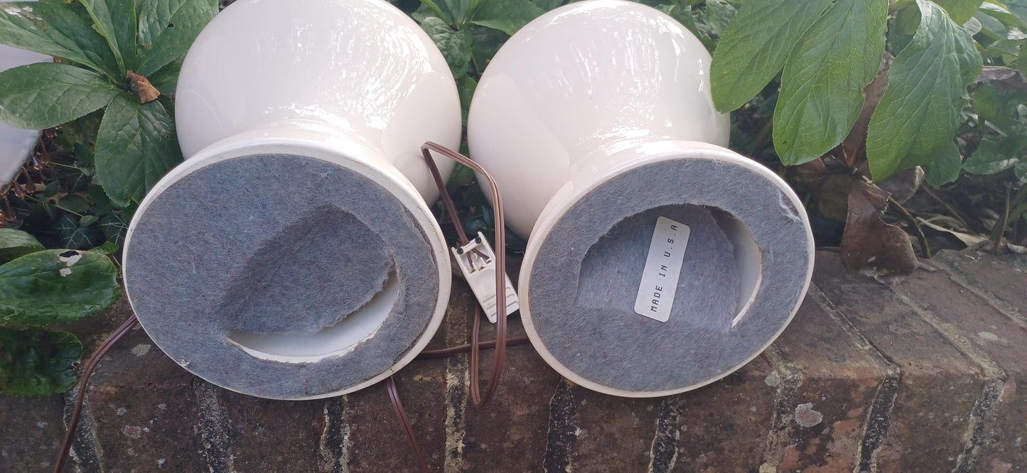 Large Pair of White Ceramic Lamps with Wonderful…Lampshades. Need Rewiring.
