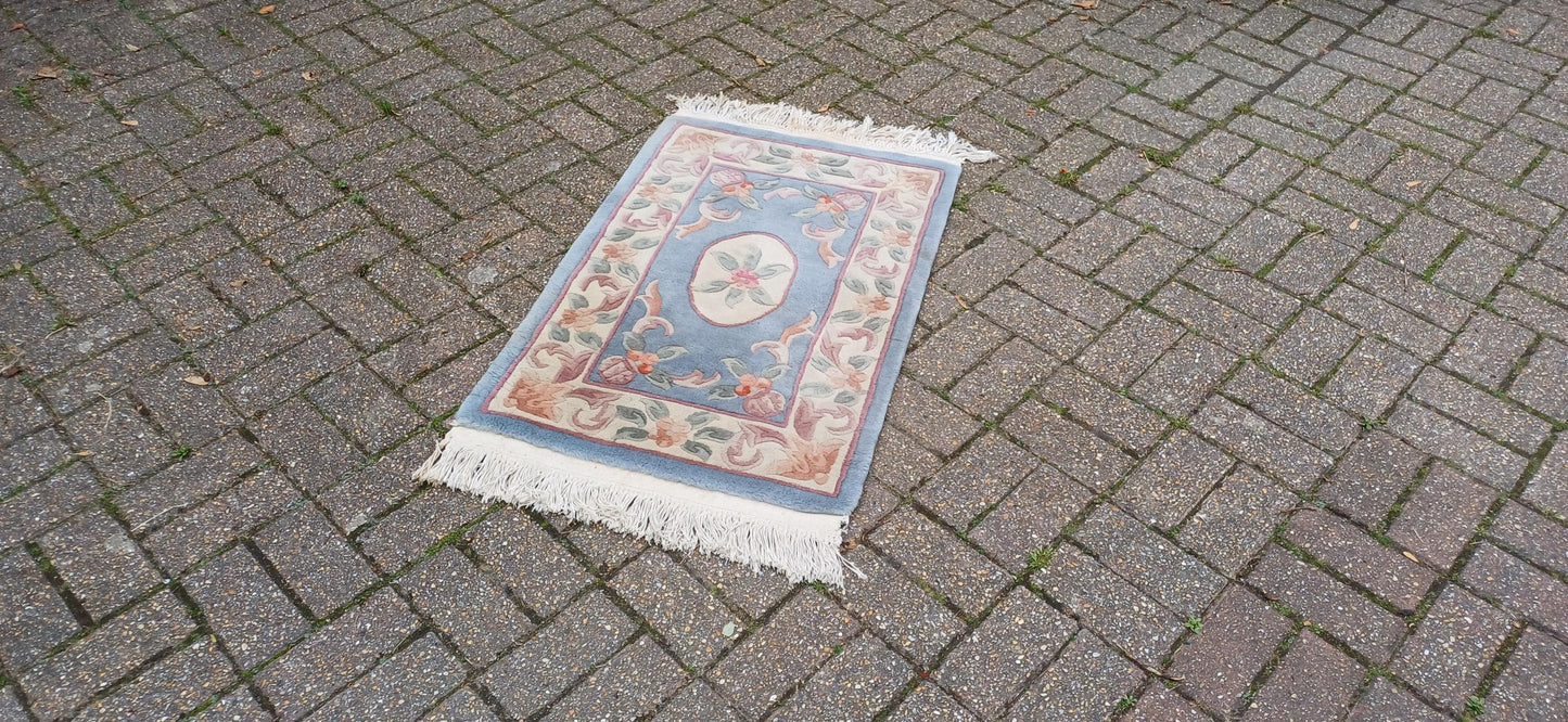 Classic 70s or 80s Decorative Patterned Rug Vintage Wool Woollen Rug Blue.