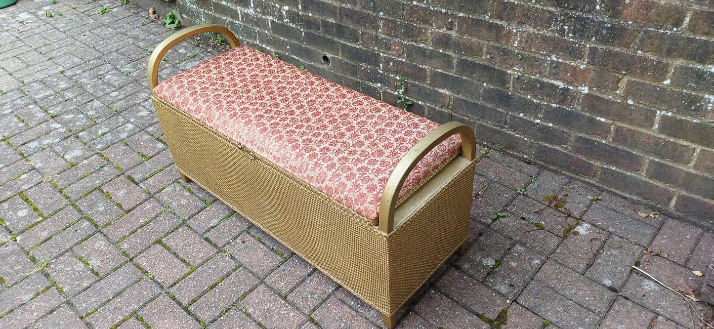 Superbly Preserved Vintage Retro Lloyd Loom Style Upholstered Ottoman in Gold and Red.