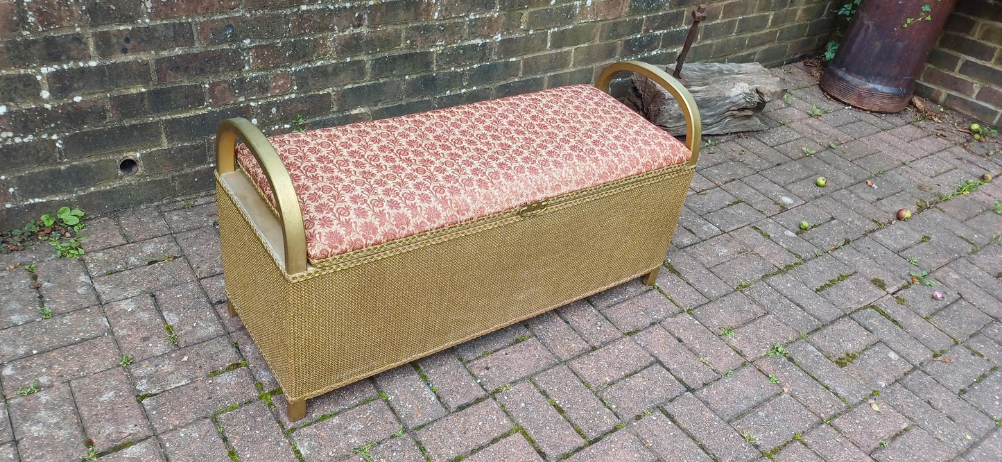 Superbly Preserved Vintage Retro Lloyd Loom Style Upholstered Ottoman in Gold and Red.