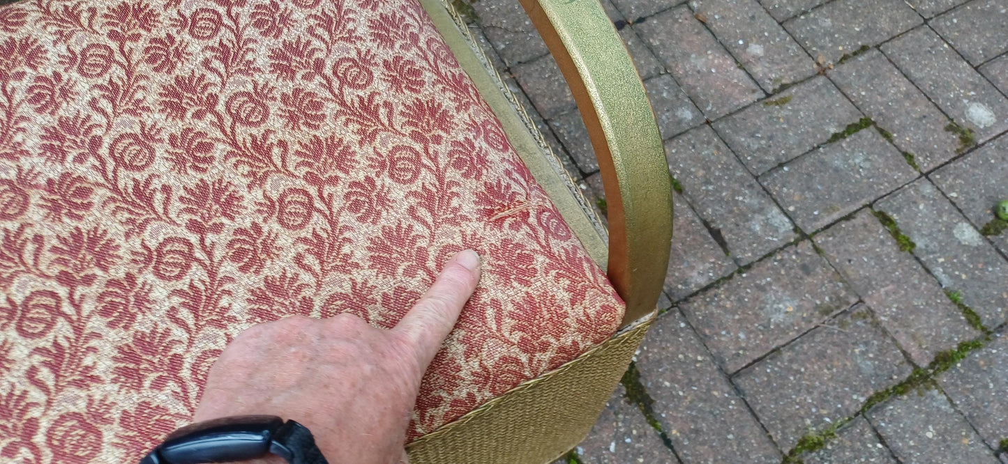 Superbly Preserved Vintage Retro Lloyd Loom Style Upholstered Ottoman in Gold and Red.