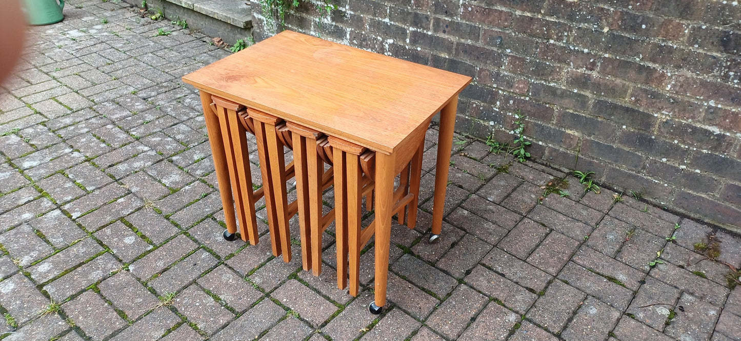 Iconic Danish Teak Vintage Retro Poul Hundevad Coffee Table on Castors Bedside Side Occasional. Nest with Four Auxiliary Folding Tables.