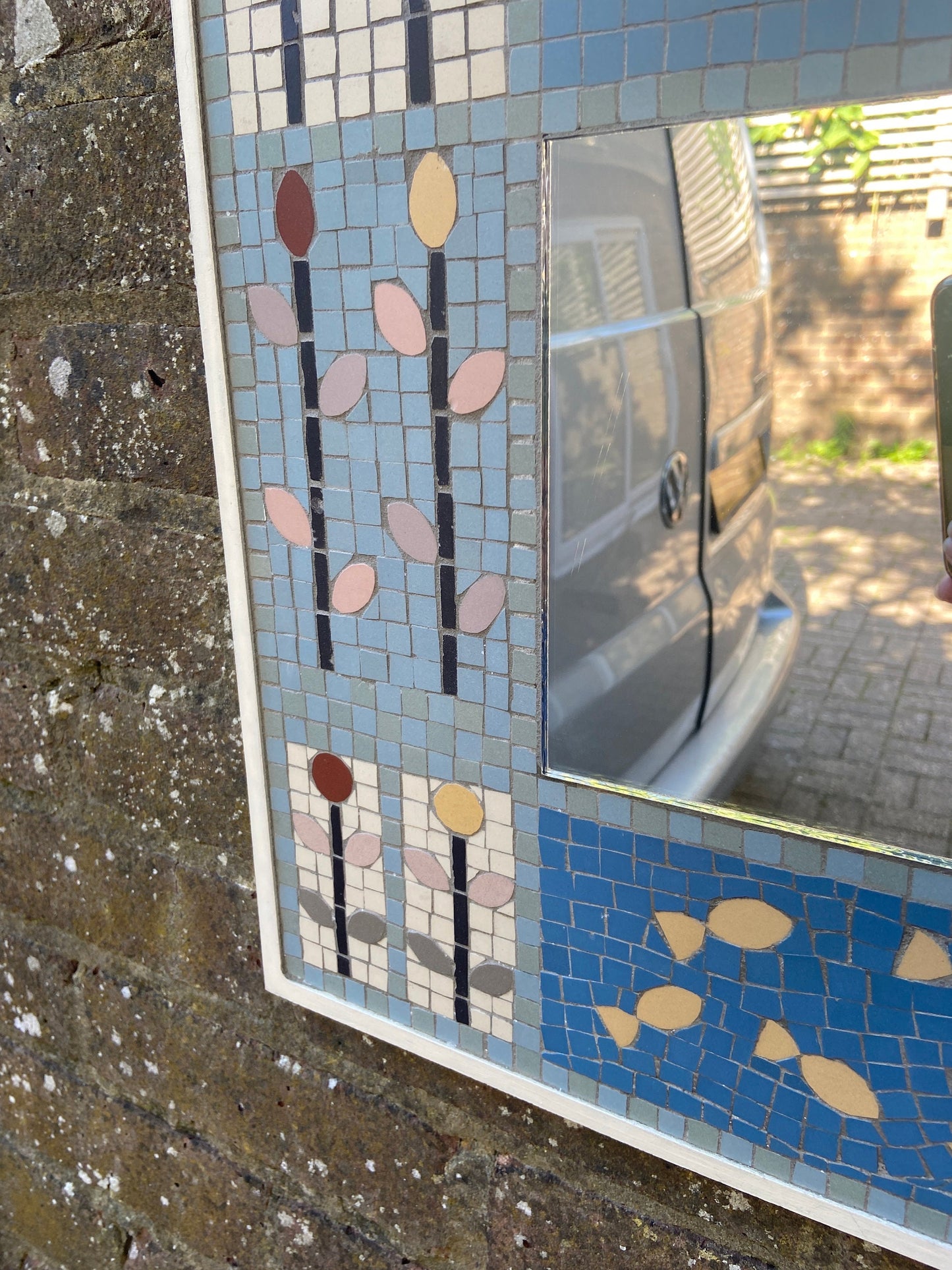 Wonderful vintage mosaic mirror - handmade in Britain - beautiful blues, animals and flowers - art deco like