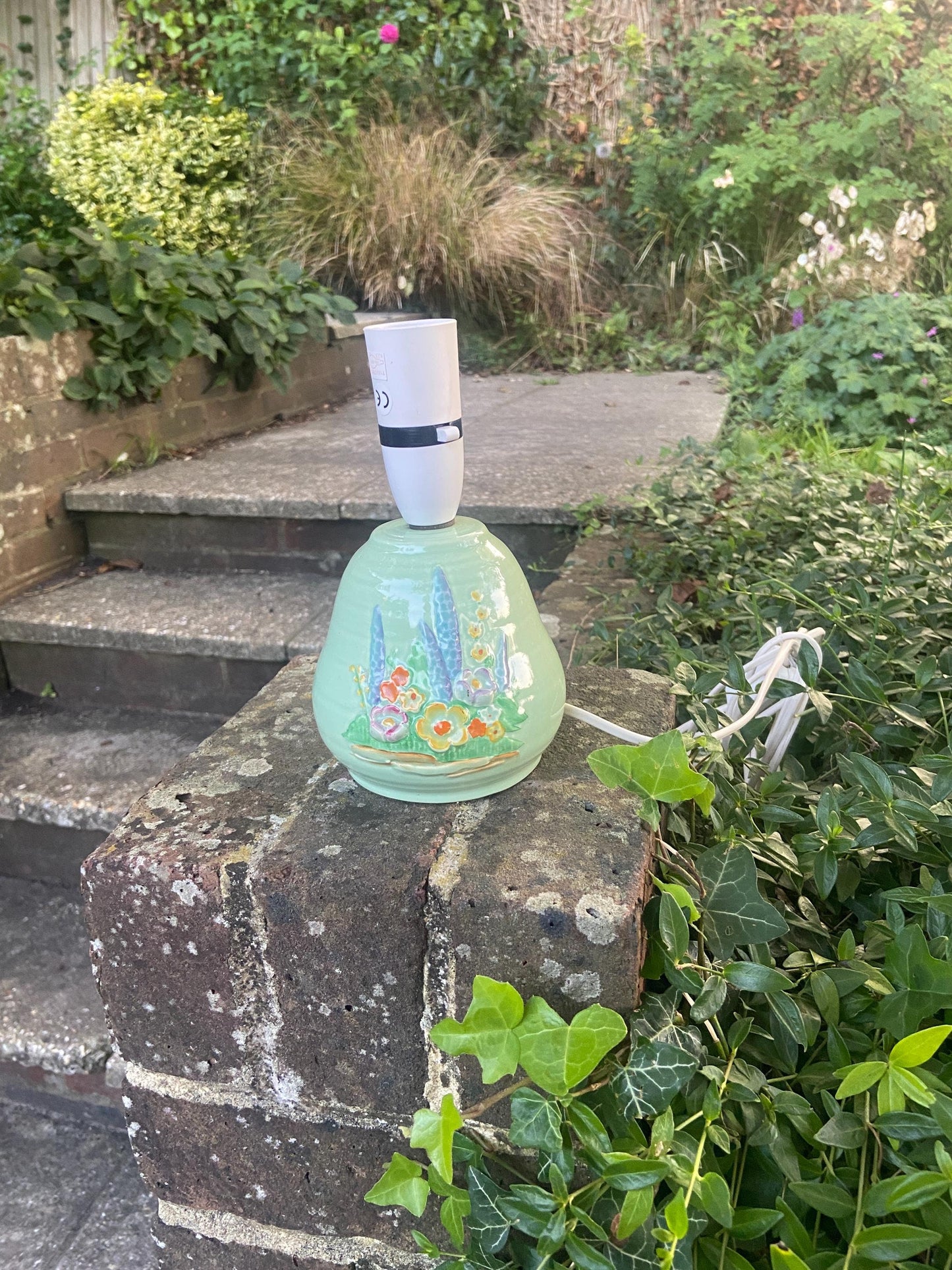crown devon hand painted small green lampwith painted floral decoration. working condition. excellent condition