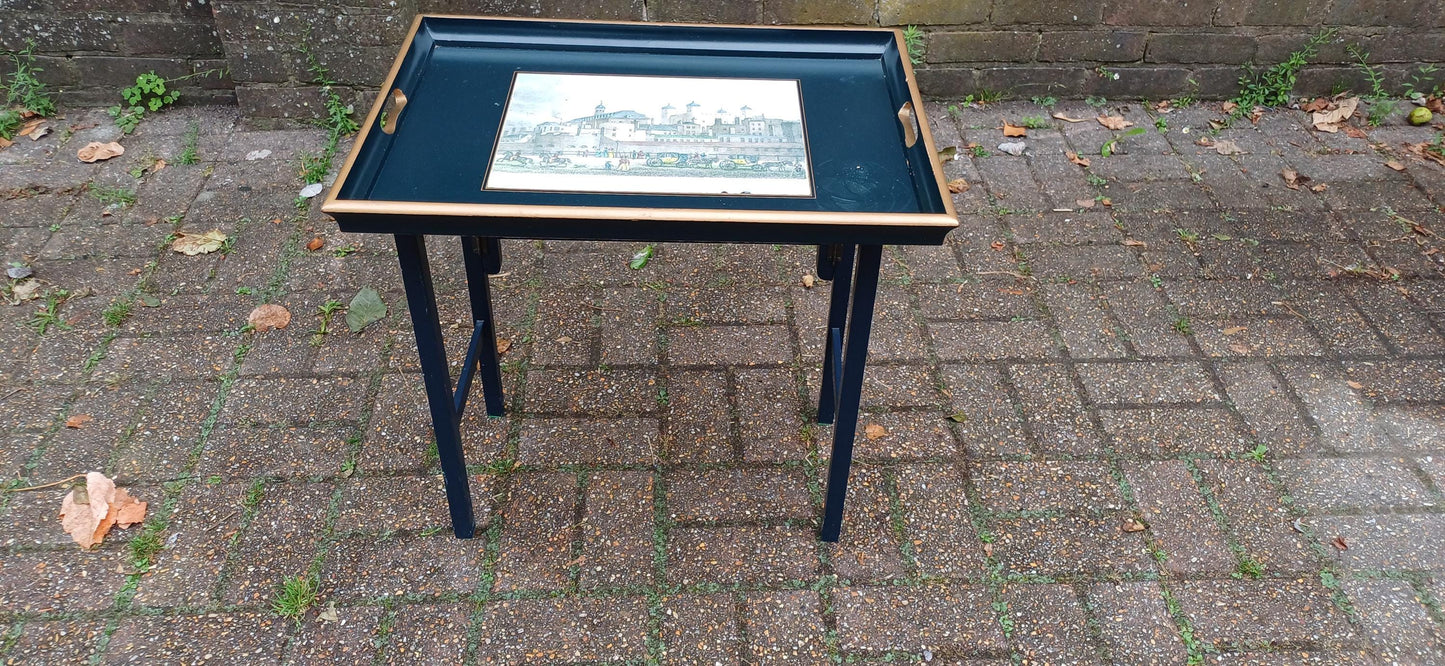 Useful Vintage 60s Style Folding Utility Coffee Side Occasional Table The Tower of London Motif.