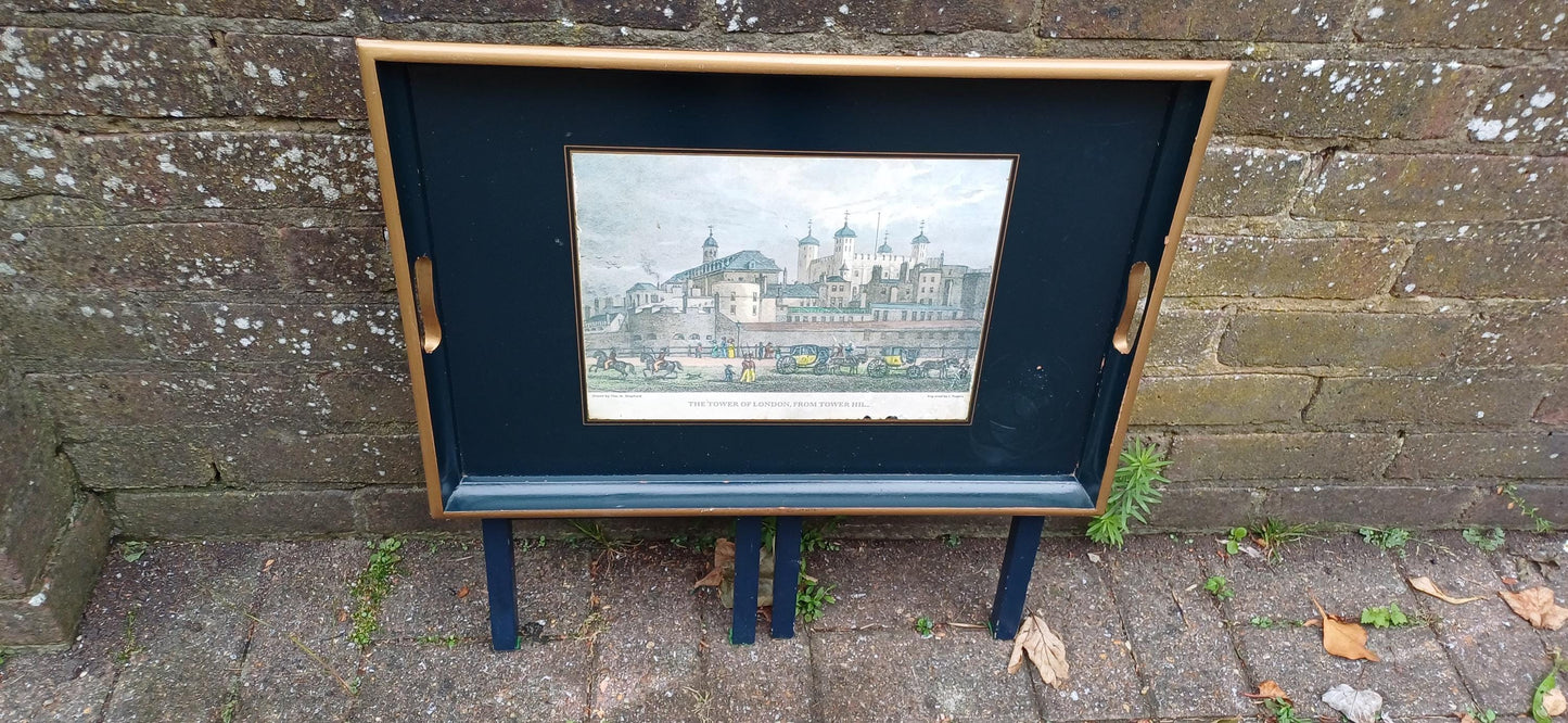 Useful Vintage 60s Style Folding Utility Coffee Side Occasional Table The Tower of London Motif.