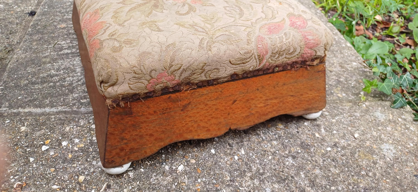 Vintage Victorian Upholstered European Footstool Stool Porcelain Feet Flower Floral Upholstry.