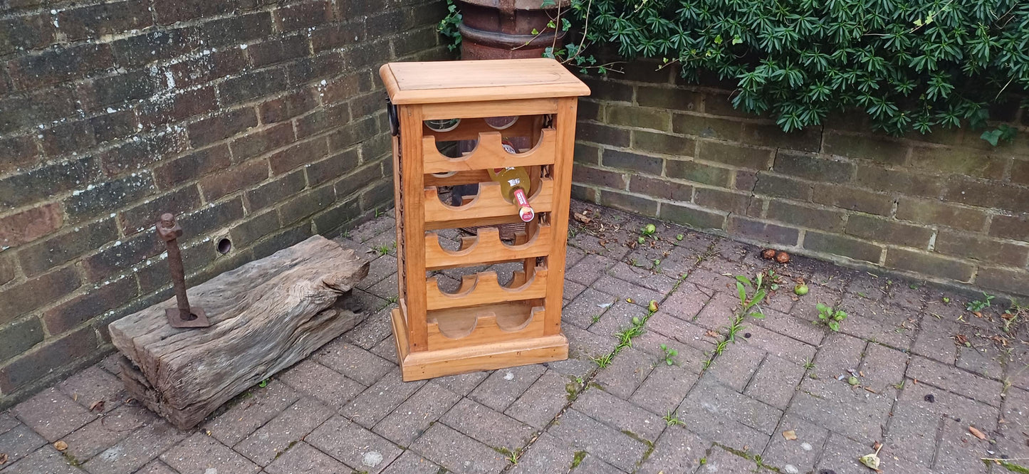 Delightful Vintage 80s Wood Pine Wine Bottle Rack with Iron Decoration