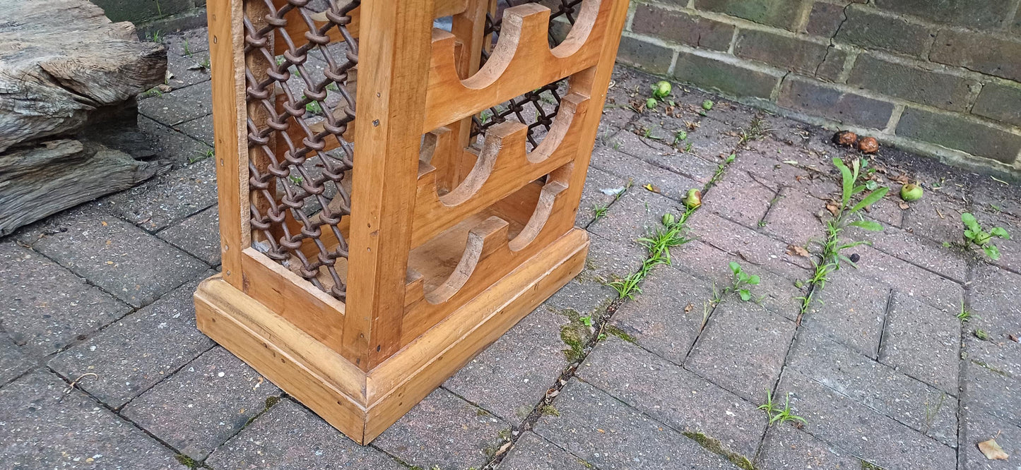 Delightful Vintage 80s Wood Pine Wine Bottle Rack with Iron Decoration