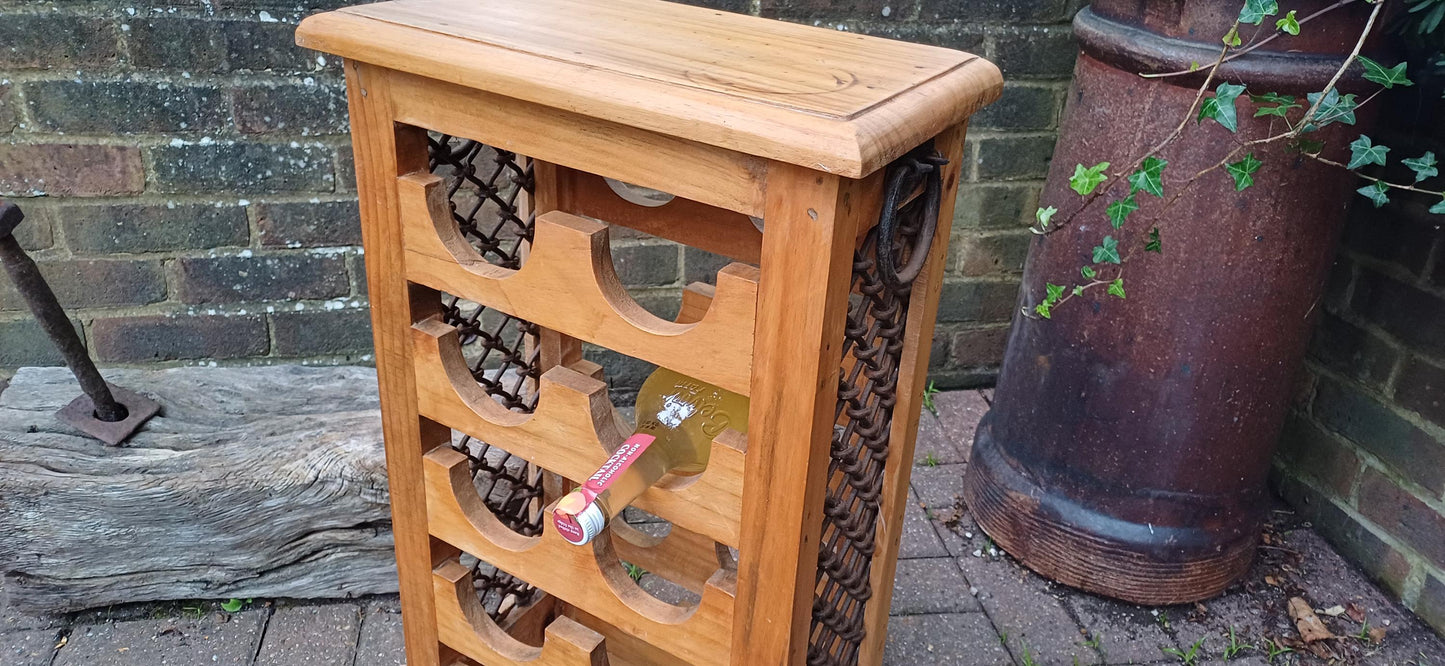 Delightful Vintage 80s Wood Pine Wine Bottle Rack with Iron Decoration