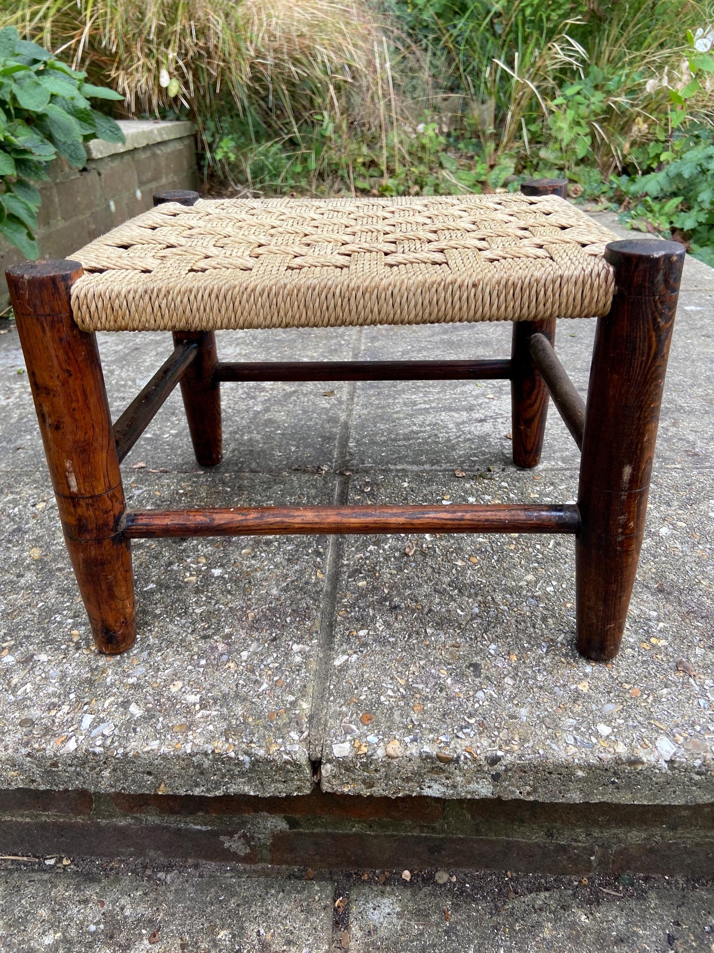 Child's vintage string woven antique wooden stool - dark wood frame with woven string hatched seat - child's stool, foot stool, plant stand