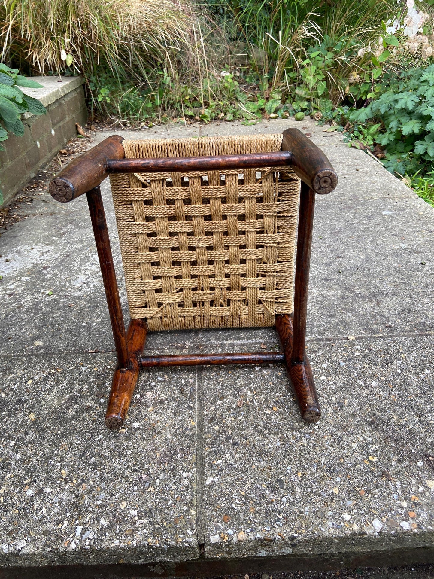 Child's vintage string woven antique wooden stool - dark wood frame with woven string hatched seat - child's stool, foot stool, plant stand