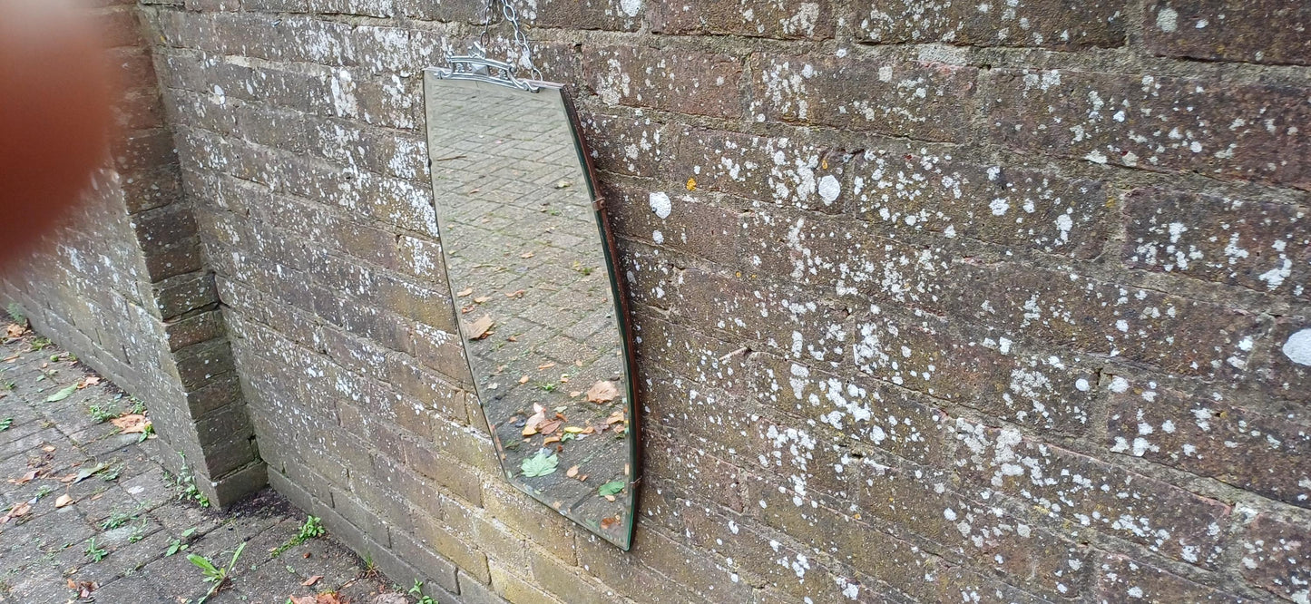 Tall Vintage Retro Art Deco Frameless Shaped Decorative Wall Mirror. Chrome Motif Decoration.