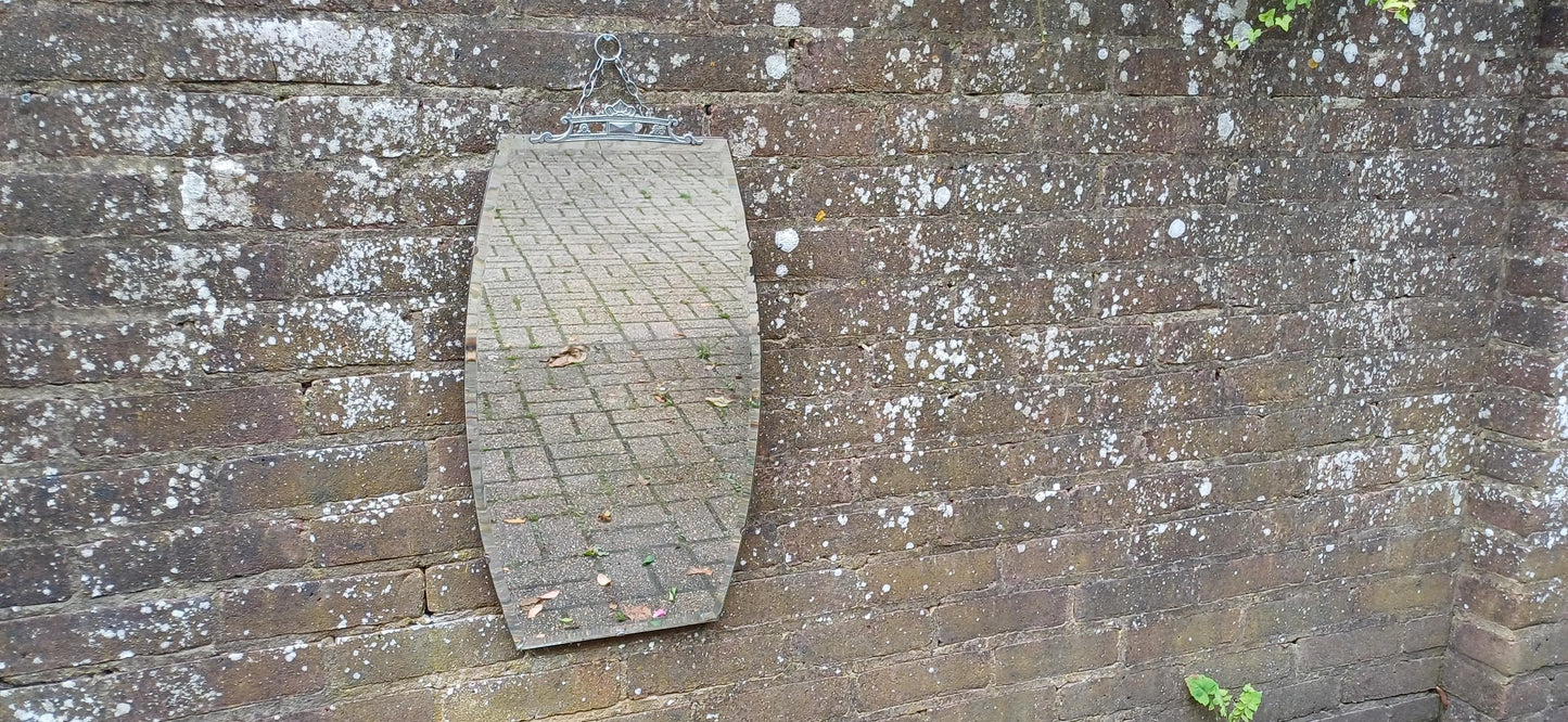 Tall Vintage Retro Art Deco Frameless Shaped Decorative Wall Mirror. Chrome Motif Decoration.