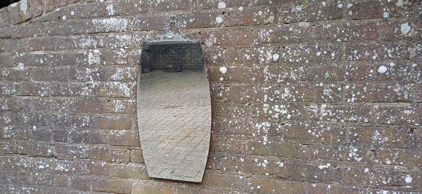 Tall Vintage Retro Art Deco Frameless Shaped Decorative Wall Mirror. Chrome Motif Decoration.