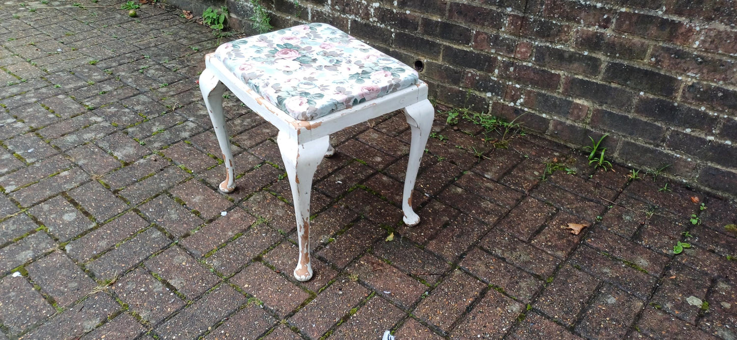 Vintage Retro Painted Shabby Chic Upholstered Stool Lift Out Seat White Flower Floral