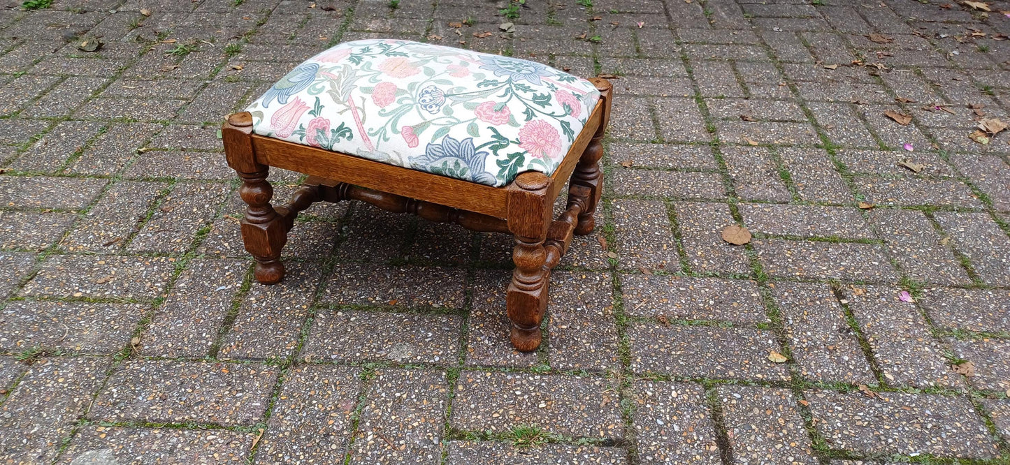 Pretty Vintage Solid Oak Upholstered Stool Floral Flower Upholstery